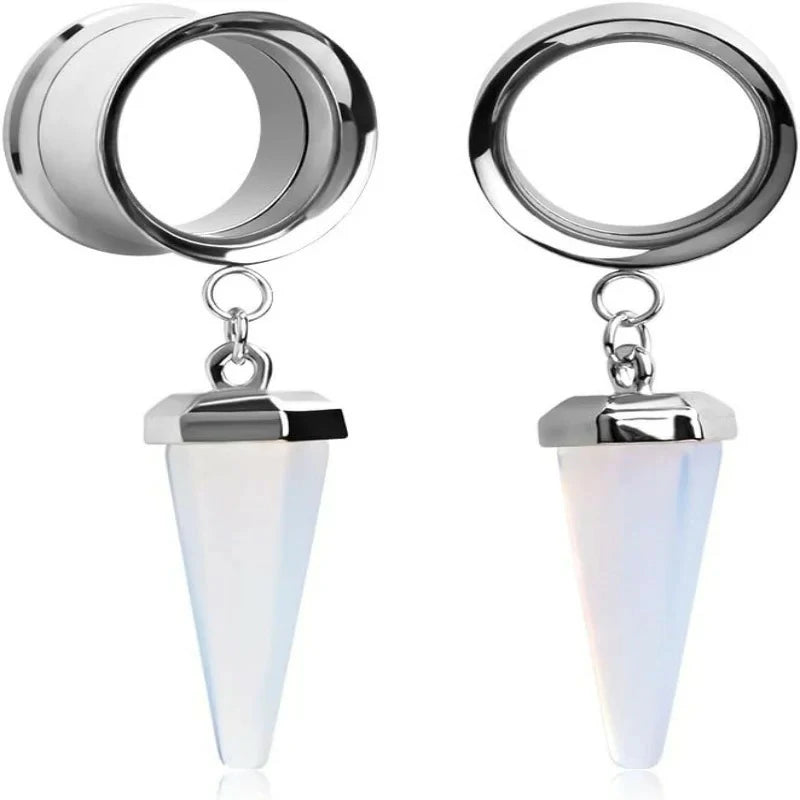 1 Pair Amethyst - Stone Pendant Stainless Steel Ear Plugs Tunnels Gauges Stretcher Piercings - QIAO CrystalQIAO CrystalQIAO Crystal