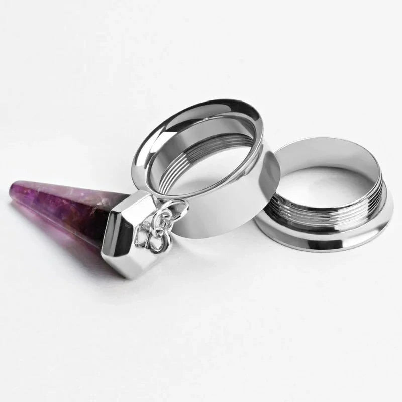 1 Pair Amethyst - Stone Pendant Stainless Steel Ear Plugs Tunnels Gauges Stretcher Piercings - QIAO CrystalQIAO CrystalQIAO Crystal