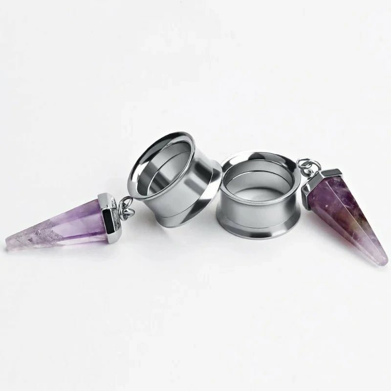 1 Pair Amethyst - Stone Pendant Stainless Steel Ear Plugs Tunnels Gauges Stretcher Piercings - QIAO CrystalQIAO CrystalQIAO Crystal