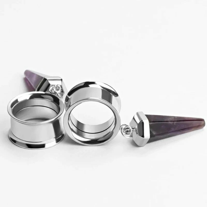1 Pair Amethyst - Stone Pendant Stainless Steel Ear Plugs Tunnels Gauges Stretcher Piercings - QIAO CrystalQIAO CrystalQIAO Crystal
