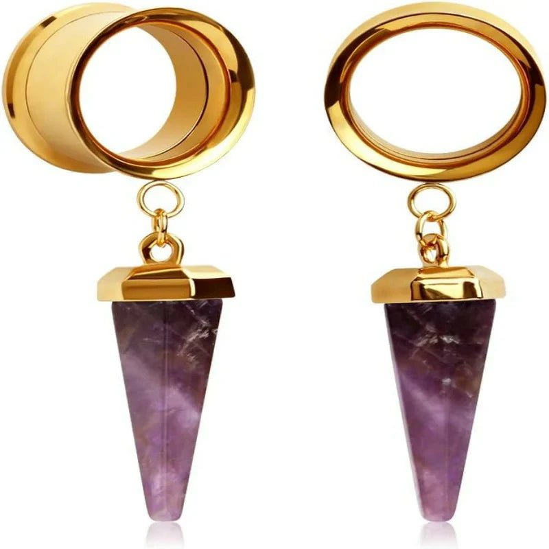 1 Pair Amethyst - Stone Pendant Stainless Steel Ear Plugs Tunnels Gauges Stretcher Piercings - QIAO CrystalQIAO CrystalQIAO Crystal