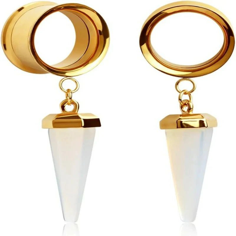 1 Pair Amethyst - Stone Pendant Stainless Steel Ear Plugs Tunnels Gauges Stretcher Piercings - QIAO CrystalQIAO CrystalQIAO Crystal