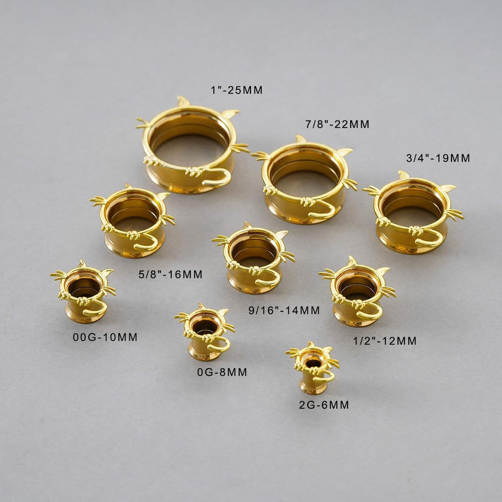 1 Pair Cat Design Screw Back Ear Tunnel and Plug Double Flared Gauges - QIAO CrystalQIAO CrystalQIAO Crystal