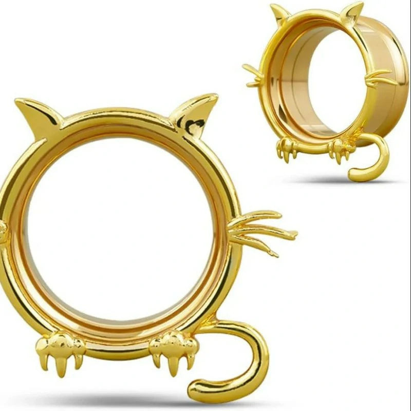 1 Pair Cat Design Screw Back Ear Tunnel and Plug Double Flared Gauges