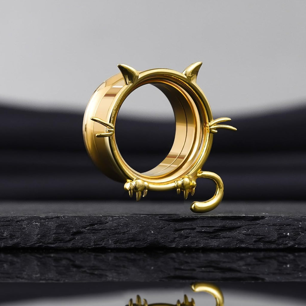 1 Pair Cat Design Screw Back Ear Tunnel and Plug Double Flared Gauges - QIAO CrystalQIAO CrystalQIAO Crystal