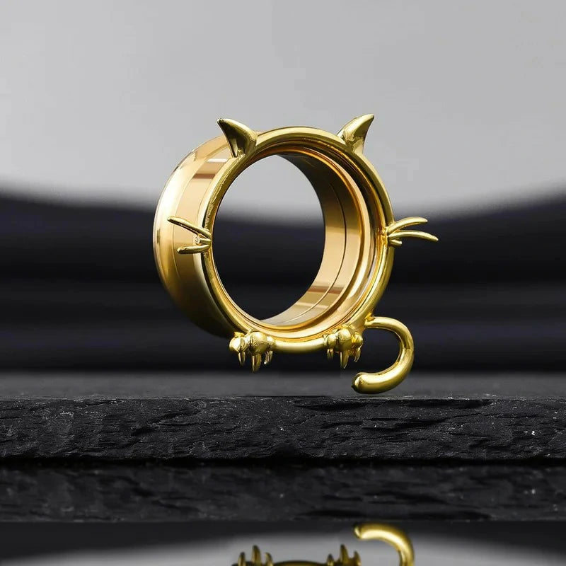 1 Pair Cat Design Screw Back Ear Tunnel and Plug Double Flared Gauges