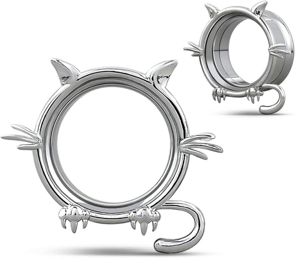 1 Pair Cat Design Screw Back Ear Tunnel and Plug Double Flared Gauges - QIAO CrystalQIAO CrystalQIAO Crystal