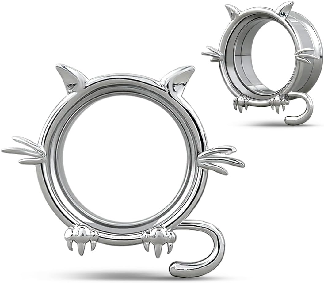 1 Pair Cat Design Screw Back Ear Tunnel and Plug Double Flared Gauges - QIAO CrystalQIAO CrystalQIAO Crystal
