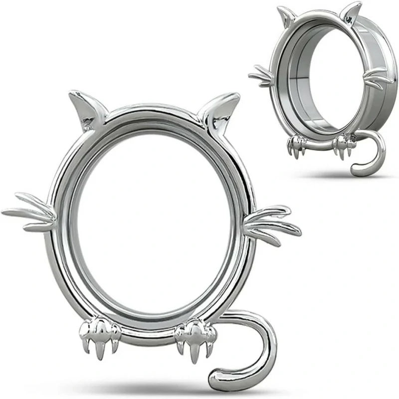 1 Pair Cat Design Screw Back Ear Tunnel and Plug Double Flared Gauges