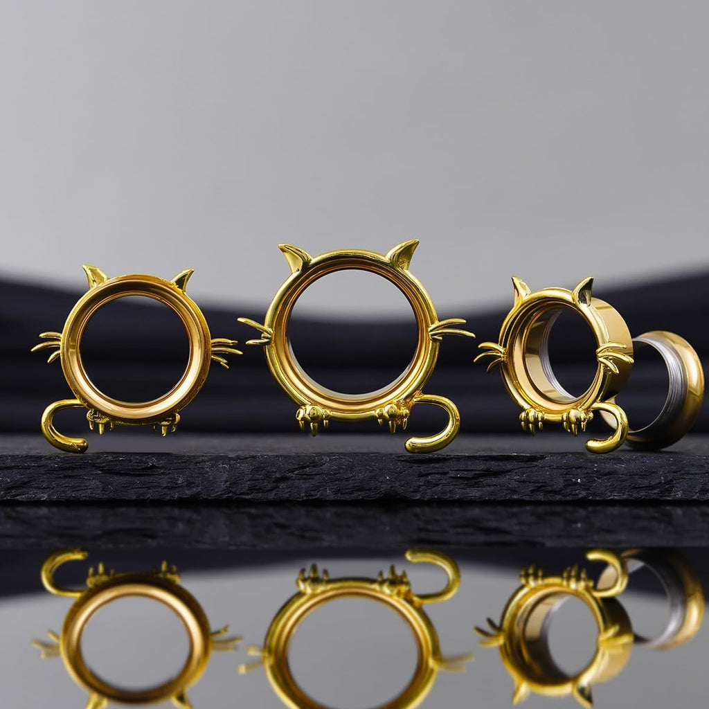 1 Pair Cat Design Screw Back Ear Tunnel and Plug Double Flared Gauges - QIAO CrystalQIAO CrystalQIAO Crystal