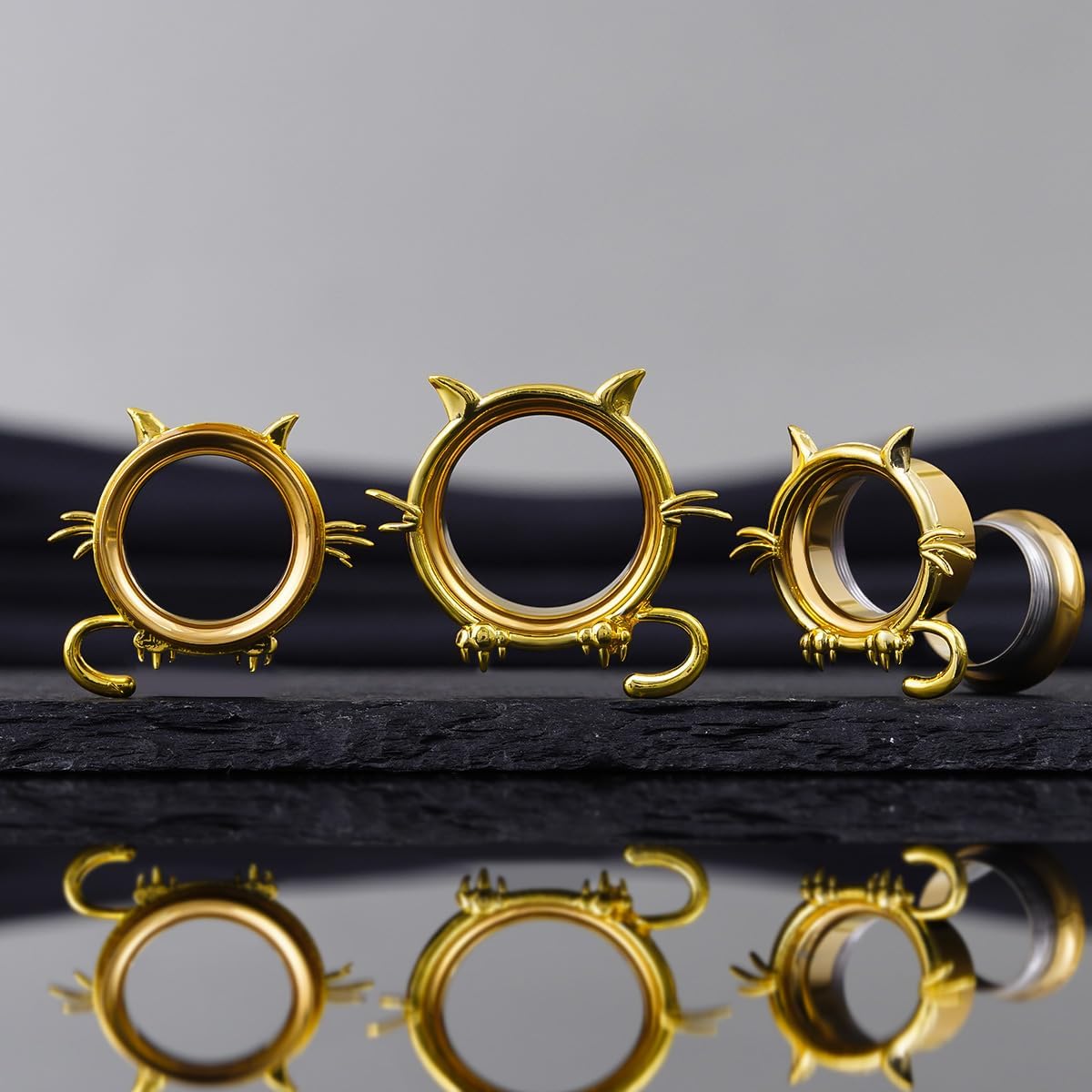 1 Pair Cat Design Screw Back Ear Tunnel and Plug Double Flared Gauges - QIAO CrystalQIAO CrystalQIAO Crystal