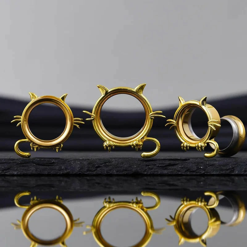 1 Pair Cat Design Screw Back Ear Tunnel and Plug Double Flared Gauges