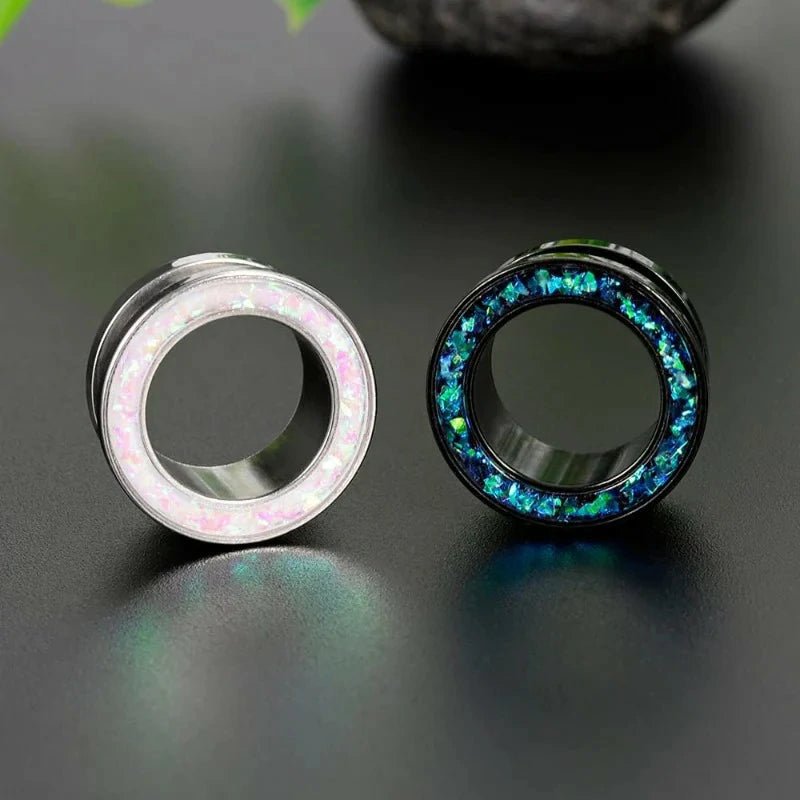 1 Pair Gauges Earrings Circle Fake Opal Tunnels Ear Plugs - QIAO CrystalQIAO CrystalQIAO Crystal