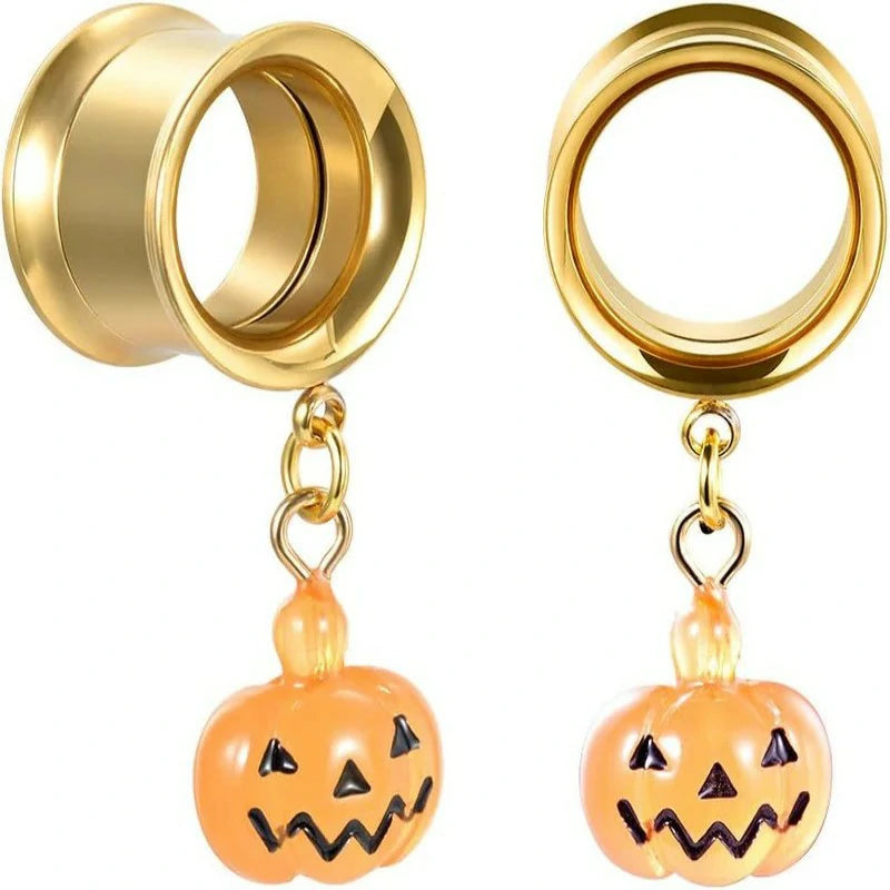 1 Pair Screw Ear Gauges Flesh Plugs and Tunnels Skull Dangle Matched Earrings