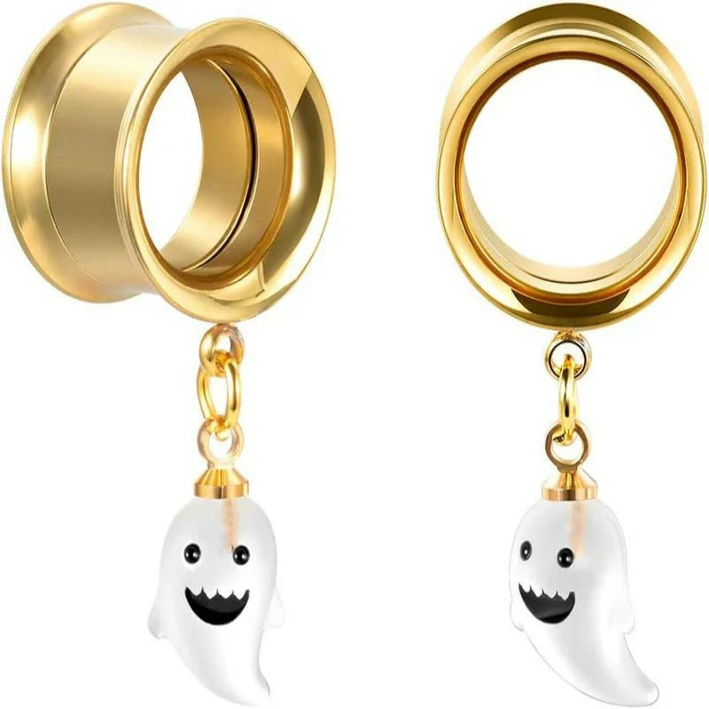 1 Pair Screw Ear Gauges Flesh Plugs and Tunnels Skull Dangle Matched Earrings