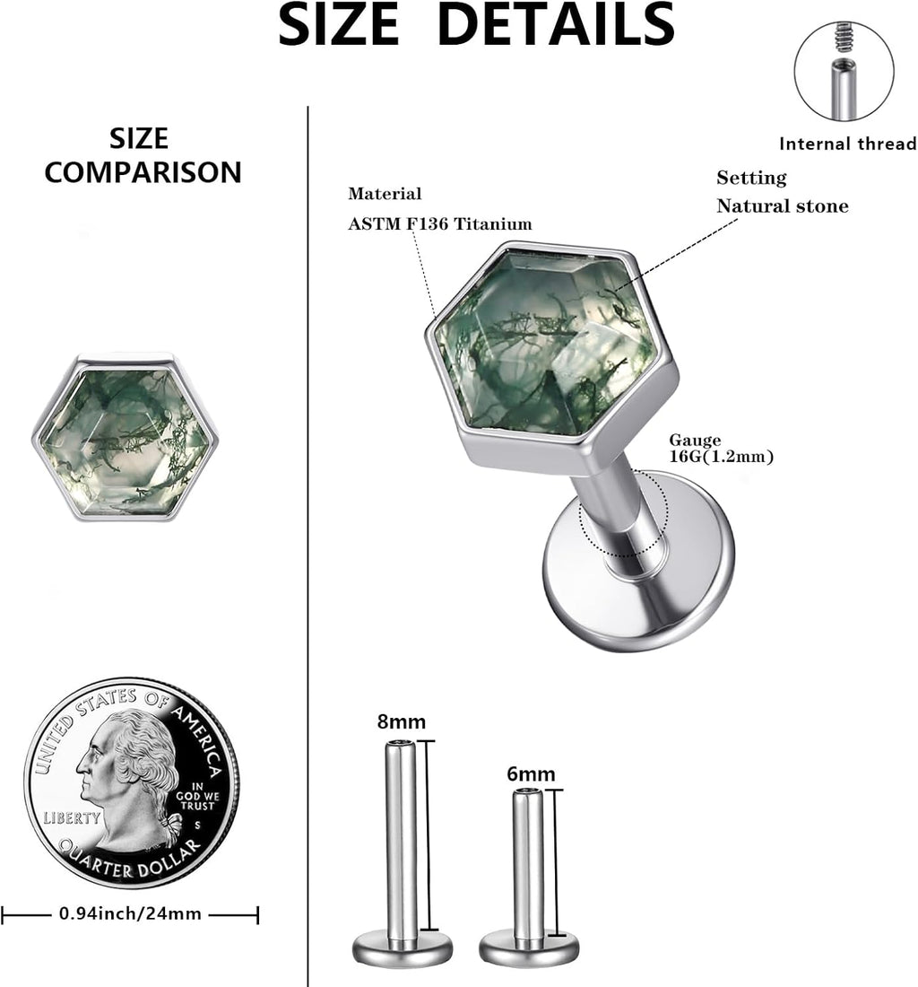 1 Piece Labret Lip Piercing 16G ASTM F136 Titanium Synthetic Natural Stone Silvery Ear Cartilage - QIAO CrystalQIAO CrystalQIAO Crystal