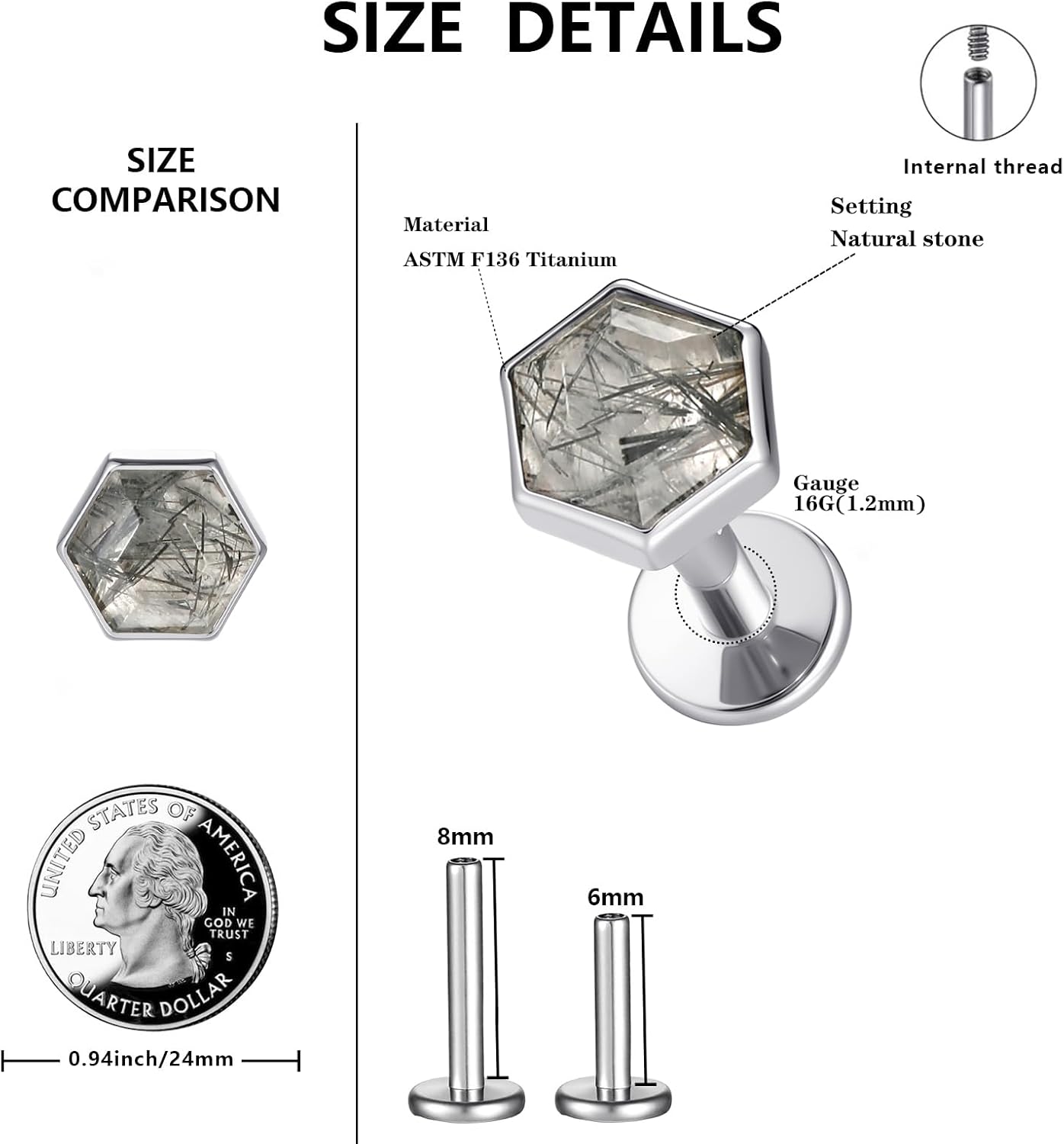 1 Piece Labret Lip Piercing 16G ASTM F136 Titanium Synthetic Natural Stone Silvery Ear Cartilage - QIAO CrystalQIAO CrystalQIAO Crystal