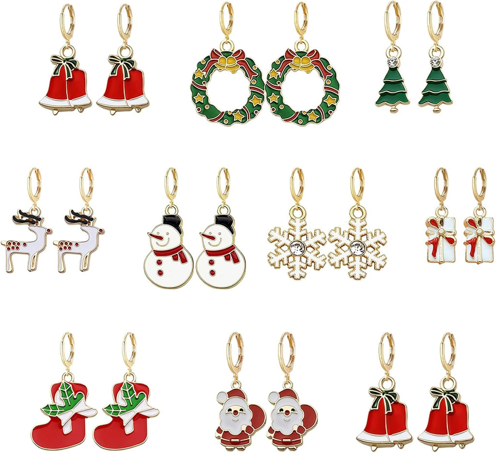 10 Pairs Christmas Hoop Huggie Earrings for Women Christmas Stud Earrings Christmas Trees Bells Snowflakes Earrings for Thanksgiving Xmas Holiday Jewelry - 我的商店我的商店我的商店
