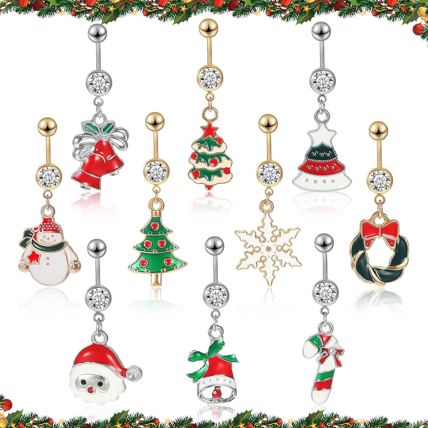 10 Pcs Christmas Belly Button Rings Piercing Santa Belly Rings Long Dangle Stainless Steel Navel Rings Belly Button Rings Set for Women Winter Holiday, 10 Styles - 我的商店我的商店我的商店