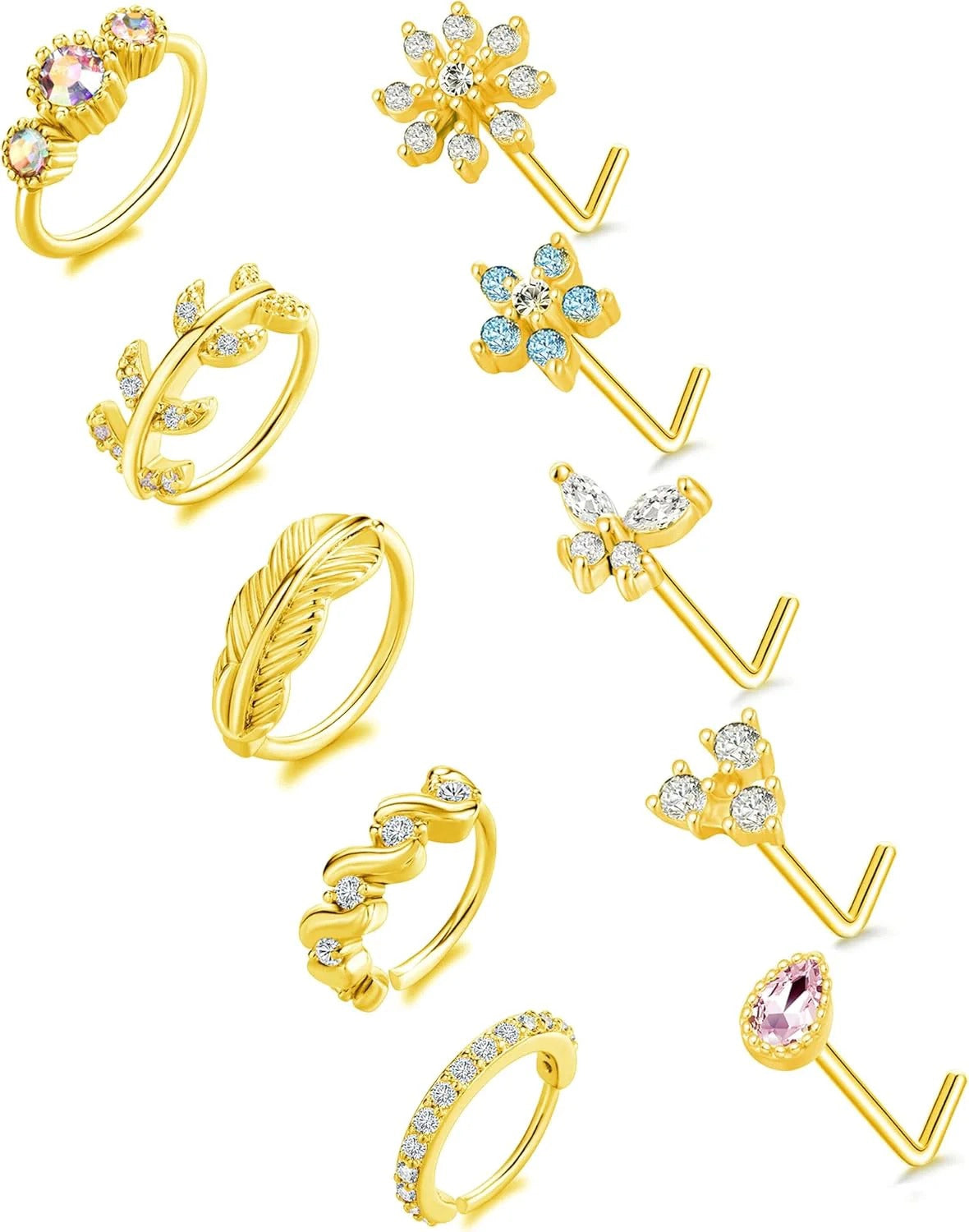 10Pcs Nose Ring Hoop Paved Flower Leaf Feather CZ Cartilage Earrings Nose Piercing