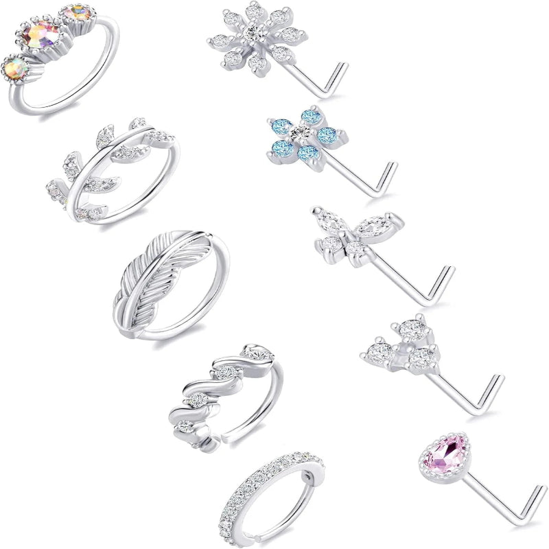 10Pcs Nose Ring Hoop Paved Flower Leaf Feather CZ Cartilage Earrings Nose Piercing