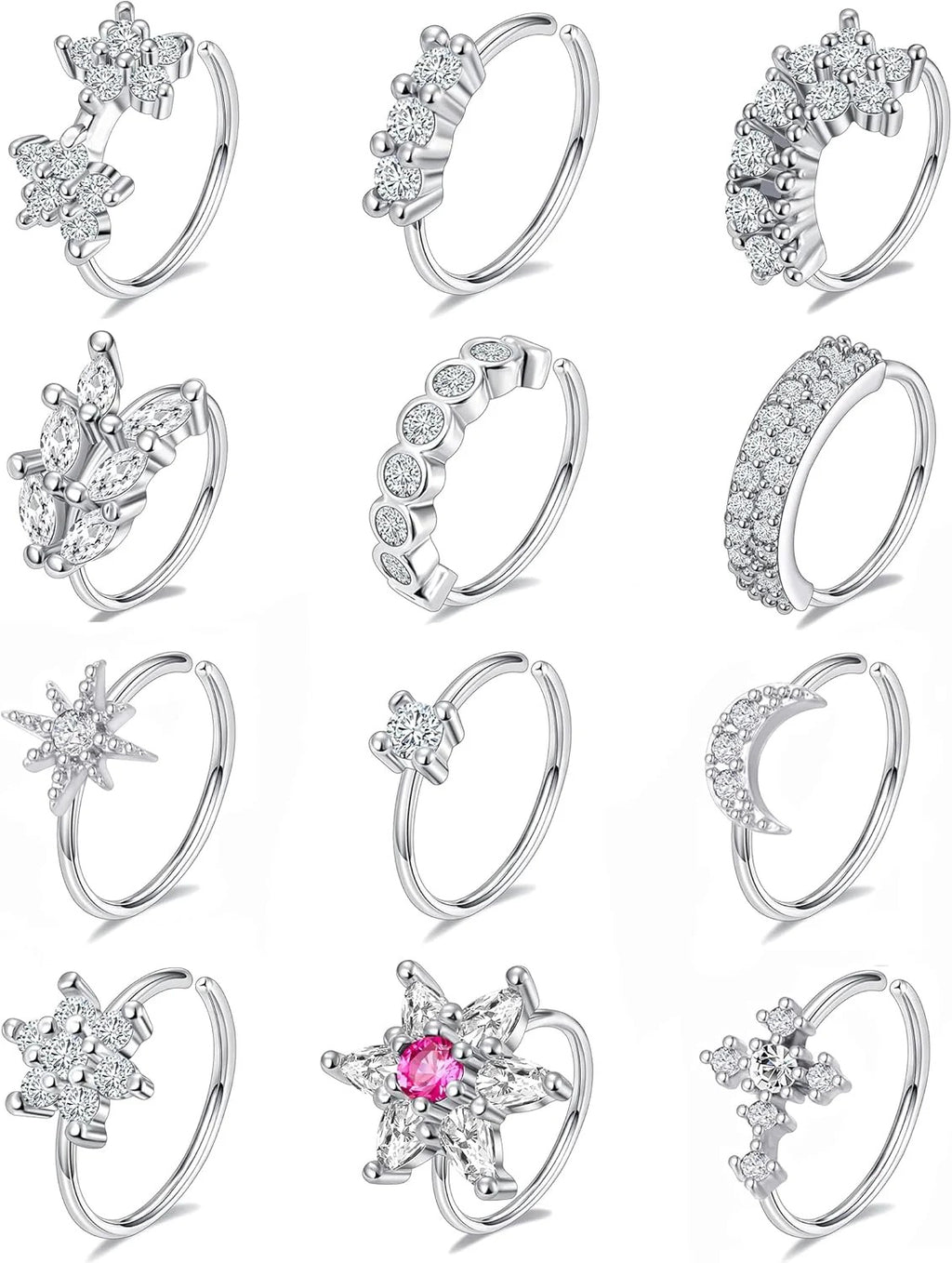 10Pcs Nose Ring Hoop Paved Flower Leaf Feather CZ Cartilage Earrings Nose Piercing