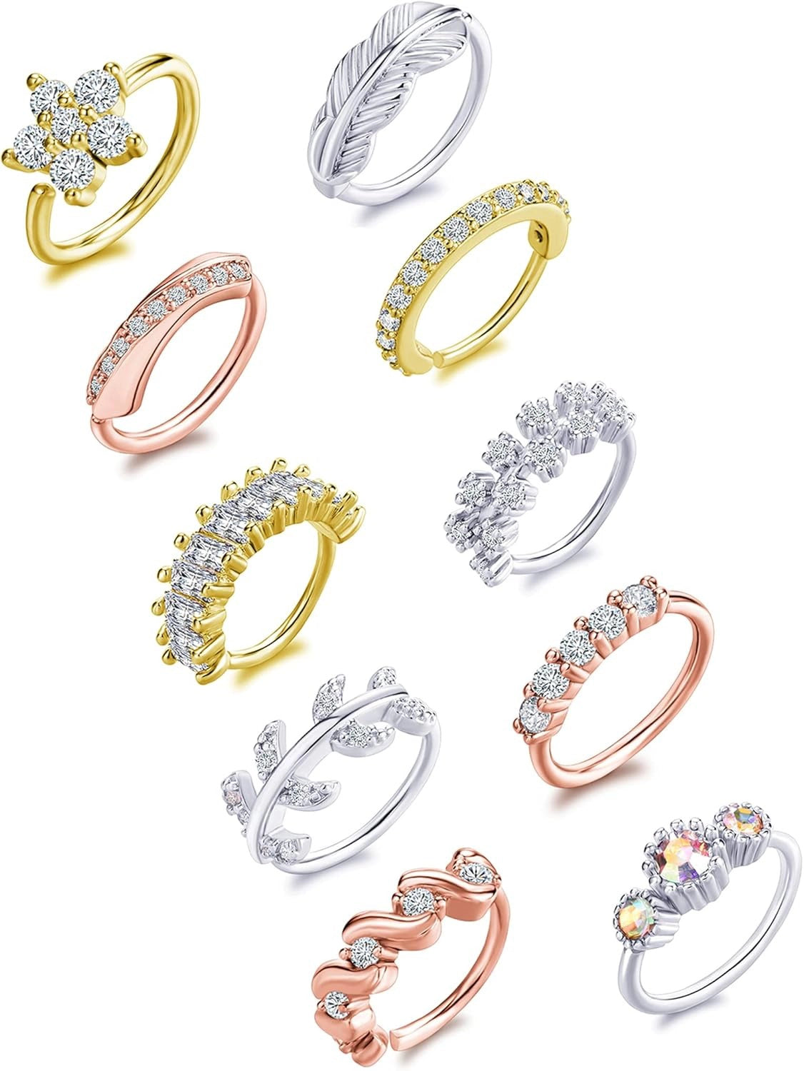 10Pcs Nose Ring Hoop Paved Flower Leaf Feather CZ Cartilage Earrings Nose Piercing