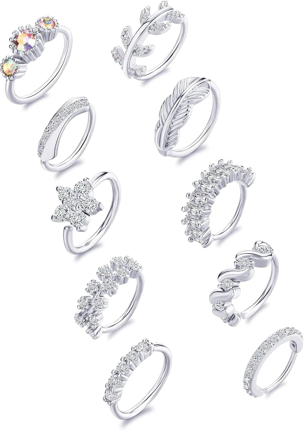 10Pcs Nose Ring Hoop Paved Flower Leaf Feather CZ Cartilage Earrings Nose Piercing