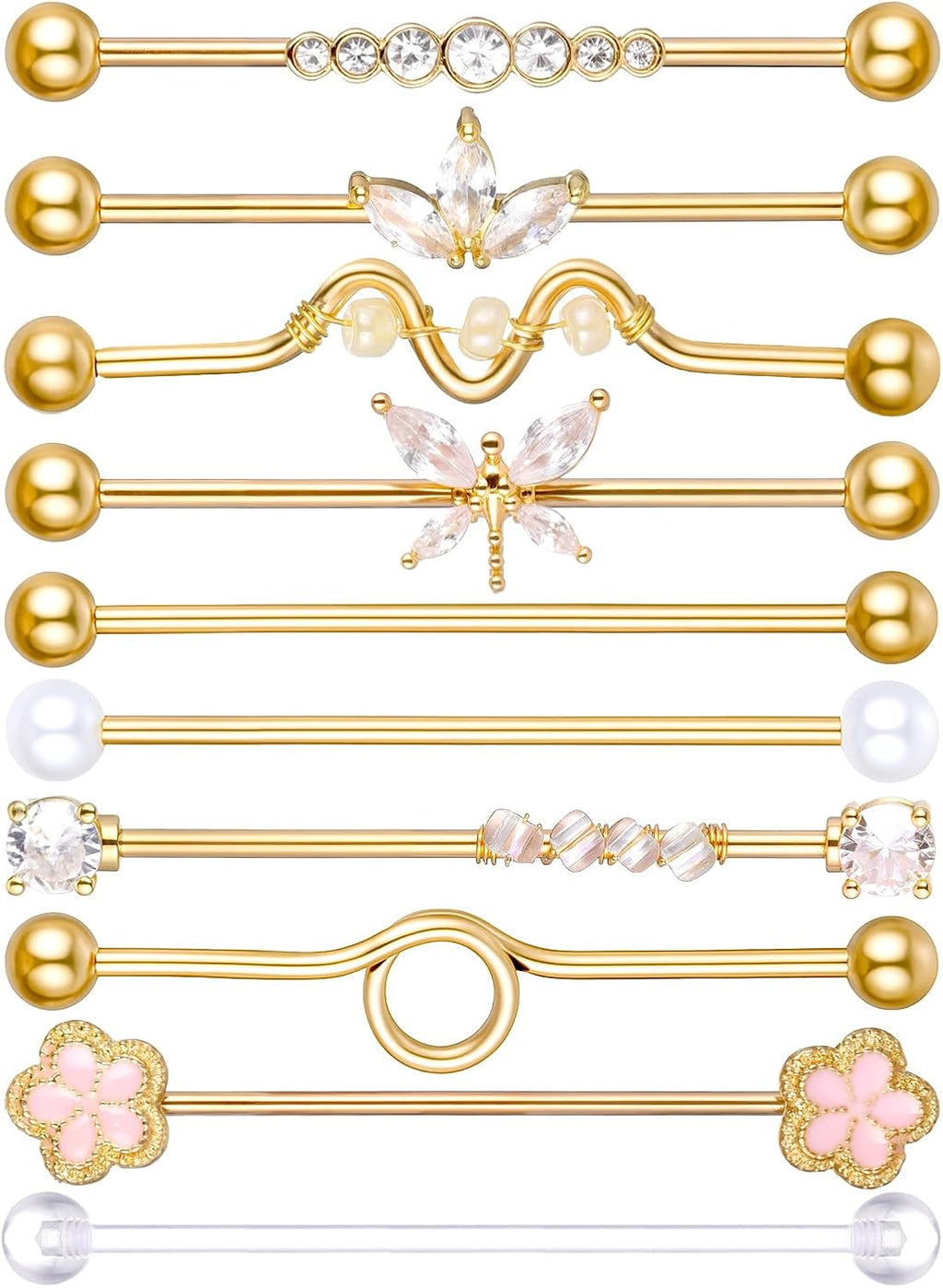 10Pcs 14G Industrial Piercing Jewelry Surgical Steel Industrial Barbell Earrings Cartilage Helix - QIAO CrystalQIAO CrystalQIAO Crystal