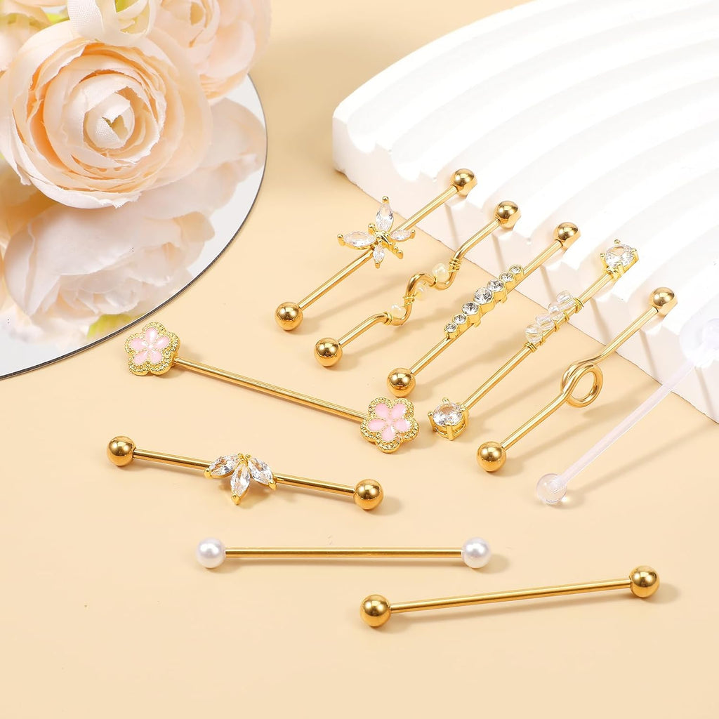 10Pcs 14G Industrial Piercing Jewelry Surgical Steel Industrial Barbell Earrings Cartilage Helix - QIAO CrystalQIAO CrystalQIAO Crystal