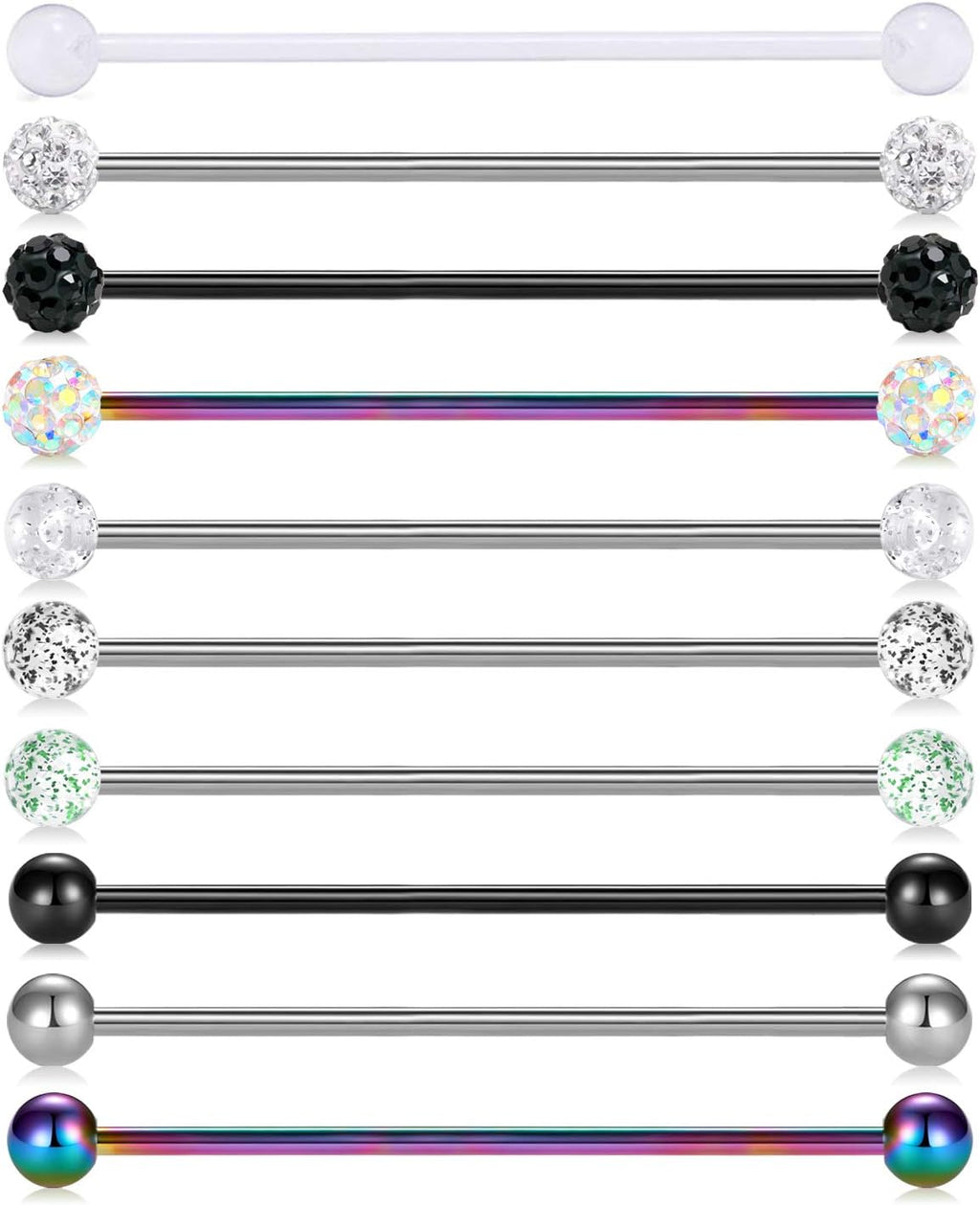 10pcs 14G Stainless Steel Industrial Barbell Earring Cartilage Body Piercing Jewelry - QIAO CrystalQIAO CrystalQIAO Crystal