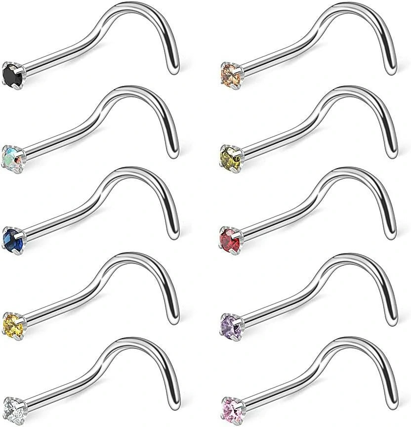 10PCS 20G Surgical Steel Mix Color Diamond CZ Nose Stud Rings Screw Piercing Jewelry