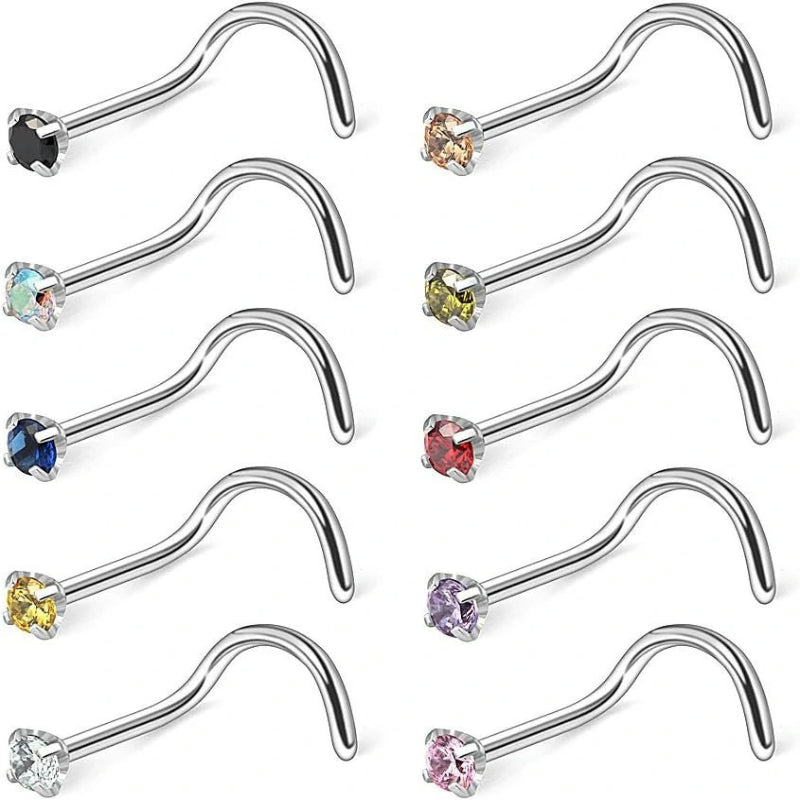 10PCS 20G Surgical Steel Mix Color Diamond CZ Nose Stud Rings Screw Piercing Jewelry