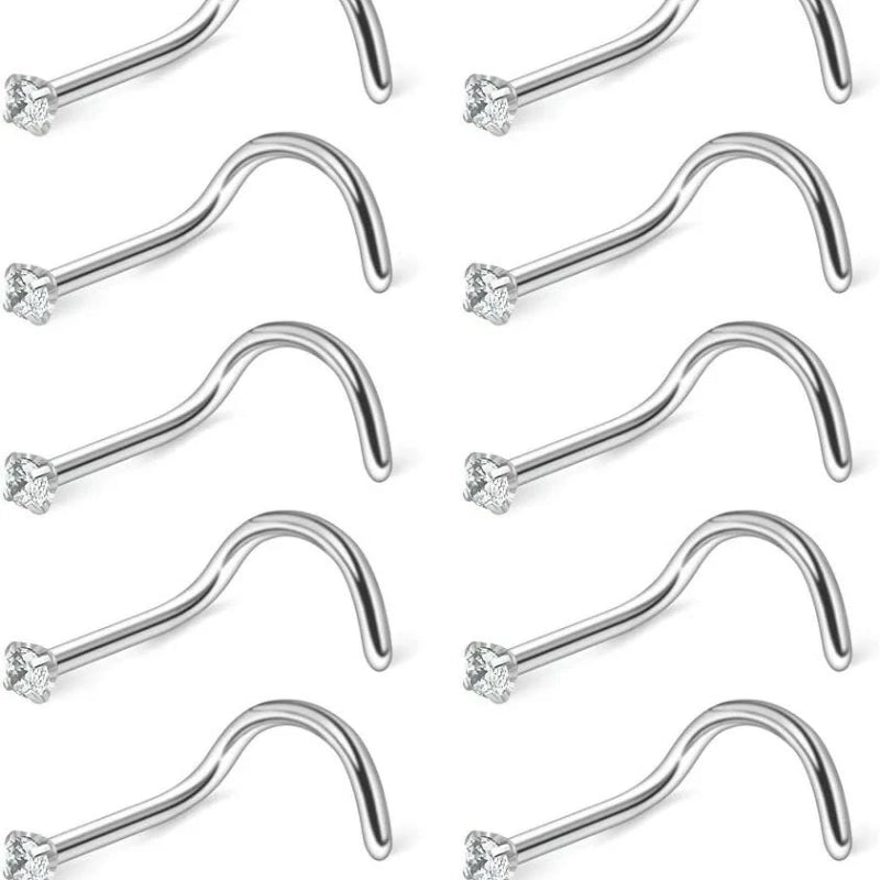 10PCS 20G Surgical Steel Mix Color Diamond CZ Nose Stud Rings Screw Piercing Jewelry