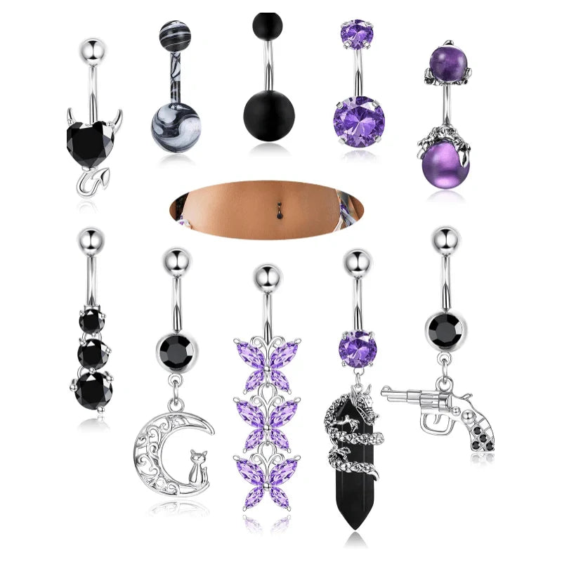 10Pcs Belly Button Rings Surgical Stainless Steel CZ Heart Dragon Butterfly Dangle