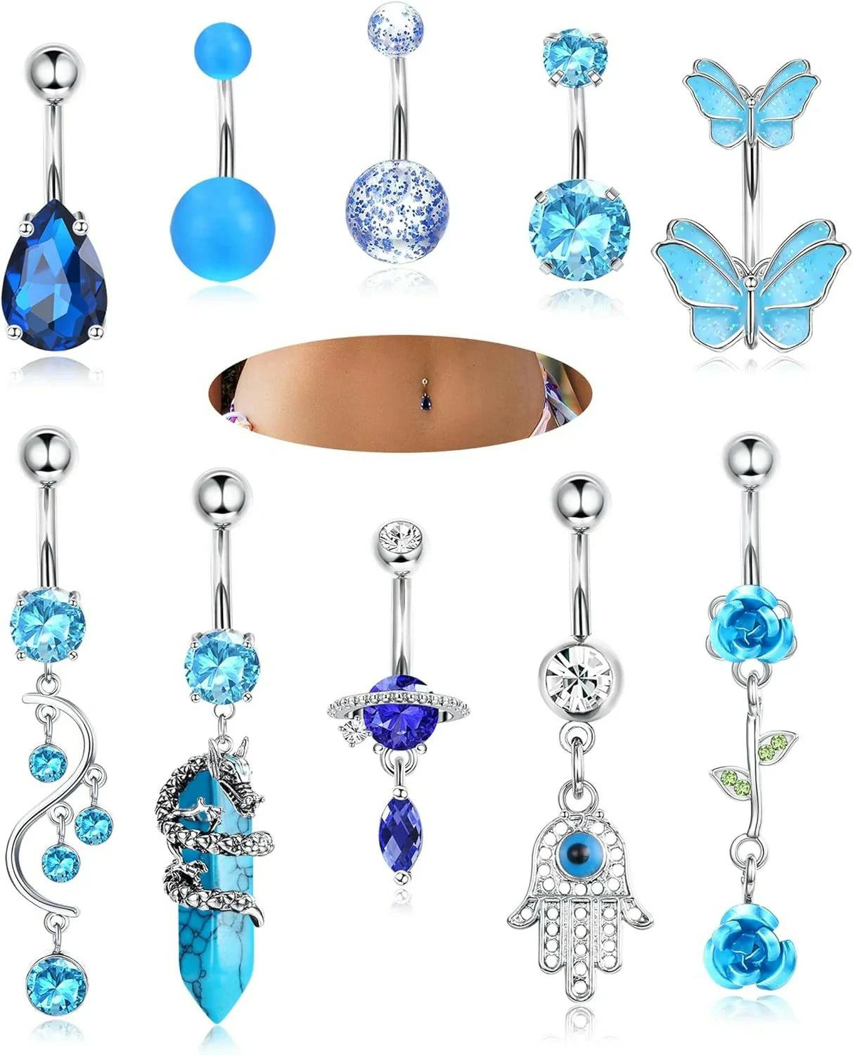 10Pcs Belly Button Rings Surgical Stainless Steel CZ Heart Dragon Butterfly Dangle