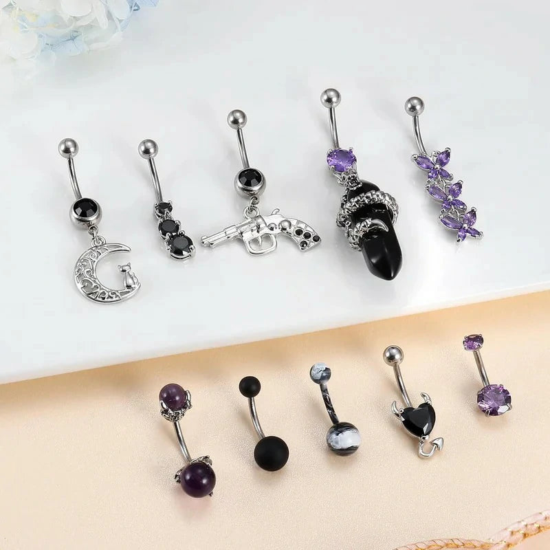 10Pcs Belly Button Rings Surgical Stainless Steel CZ Heart Dragon Butterfly Dangle