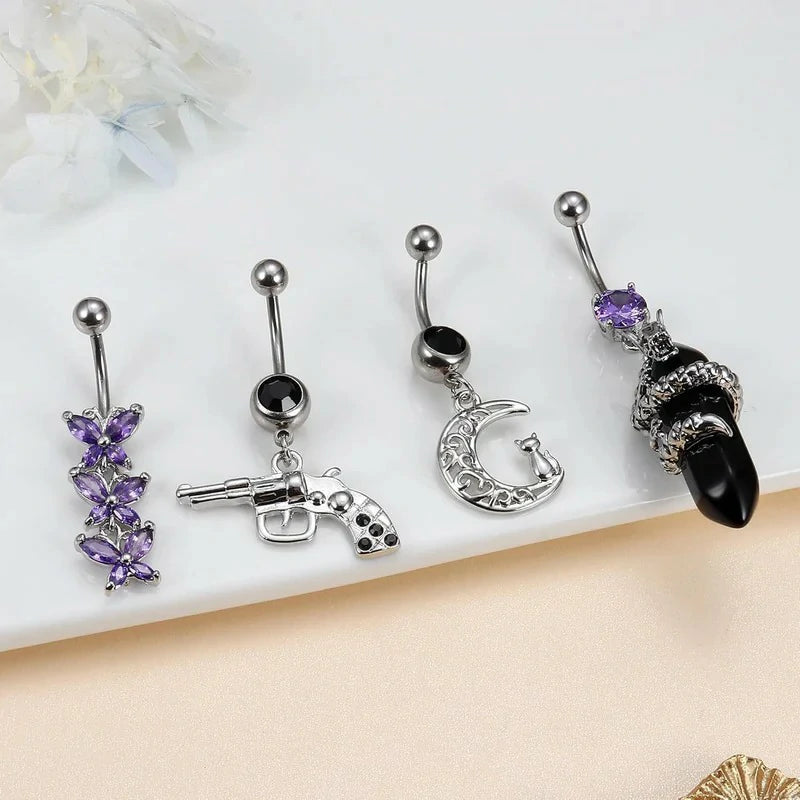 10Pcs Belly Button Rings Surgical Stainless Steel CZ Heart Dragon Butterfly Dangle