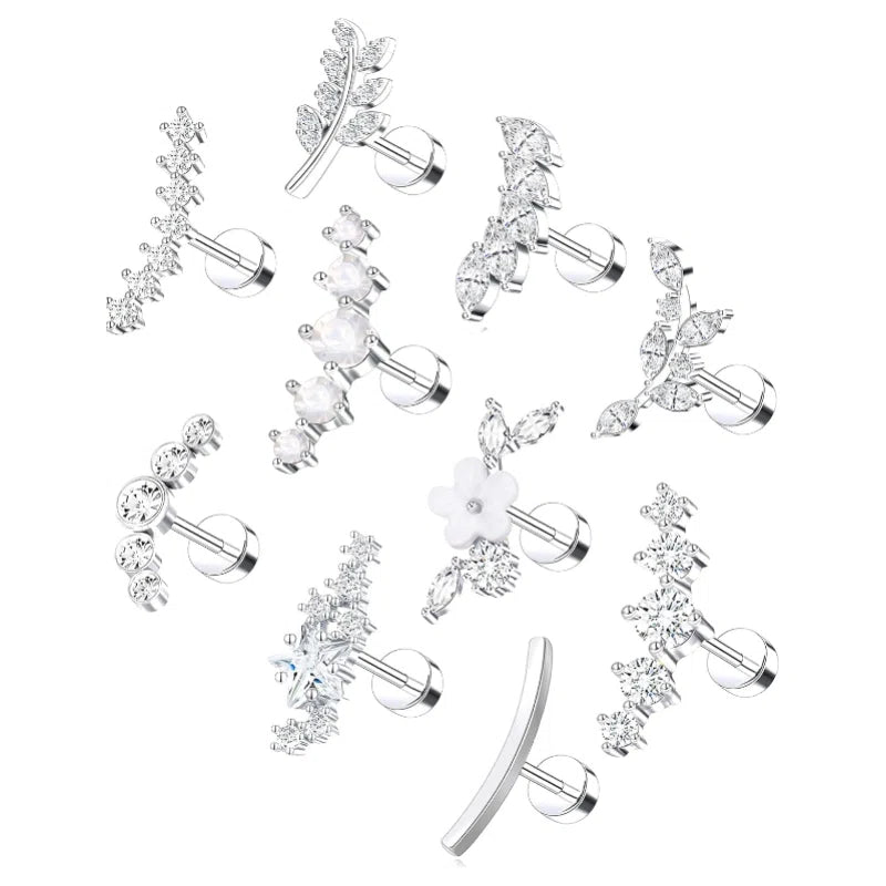10Pcs Titanium Cartilage Earrings Stud Human Made Opal CZ Flower Star Leaf Ball Flat Back - QIAO CrystalQIAO CrystalQIAO Crystal