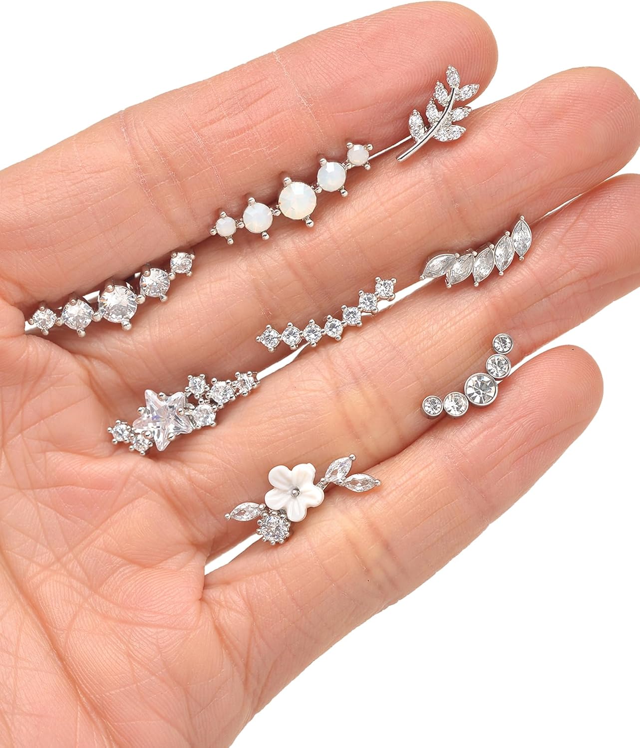 10Pcs Titanium Cartilage Earrings Stud Human Made Opal CZ Flower Star Leaf Ball Flat Back - QIAO CrystalQIAO CrystalQIAO Crystal