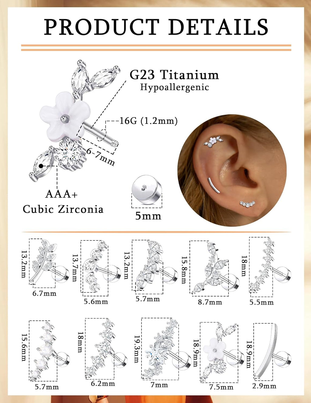10Pcs Titanium Cartilage Earrings Stud Human Made Opal CZ Flower Star Leaf Ball Flat Back - QIAO CrystalQIAO CrystalQIAO Crystal