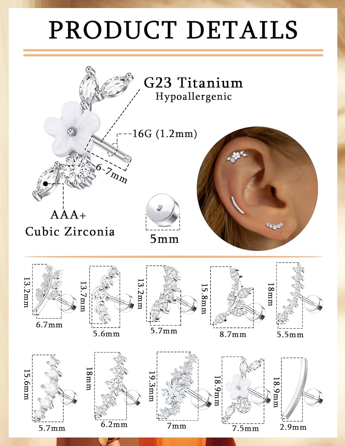 10Pcs Titanium Cartilage Earrings Stud Human Made Opal CZ Flower Star Leaf Ball Flat Back - QIAO CrystalQIAO CrystalQIAO Crystal