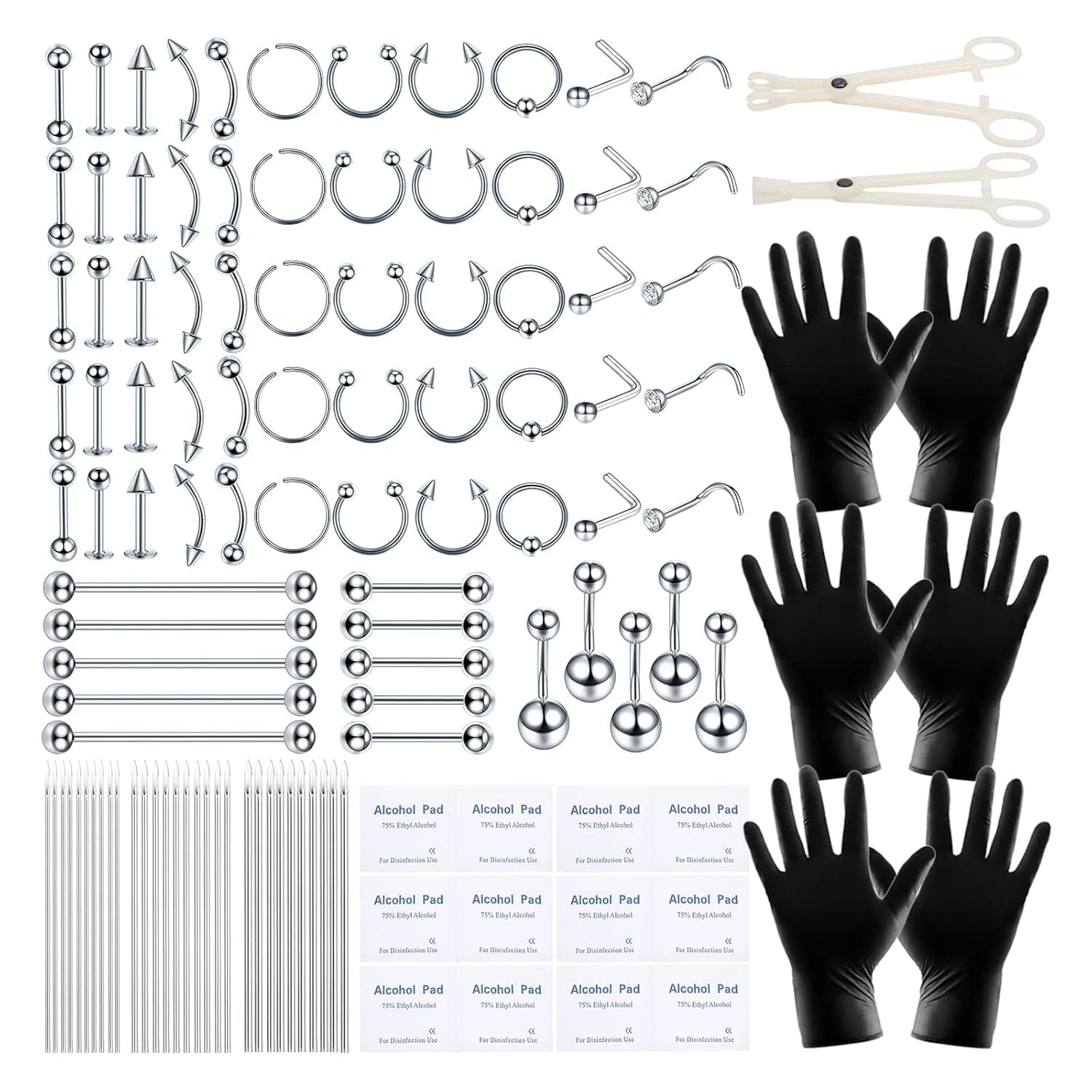 120PCS Body Piercing Kit Surgical Steel 14G 16G 20G BCR CBR Labret Lip Rings Cartilage Daith Earrings Nose Septum Nose Studs Belly Button Rings Jewelry Needles Gloves Clamps Tools