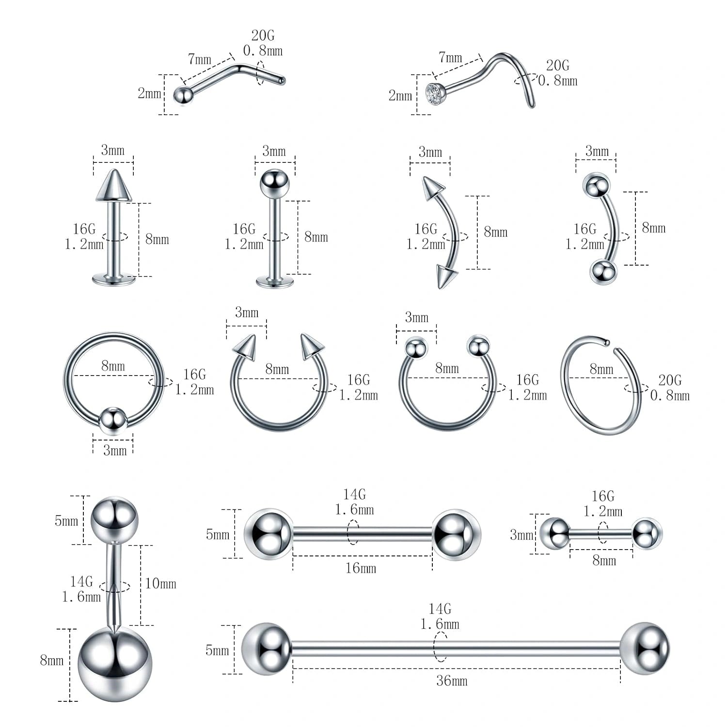 120PCS Body Piercing Kit Surgical Steel 14G 16G 20G BCR CBR Labret Lip Rings Cartilage Daith Earrings Nose Septum Nose Studs Belly Button Rings Jewelry Needles Gloves Clamps Tools