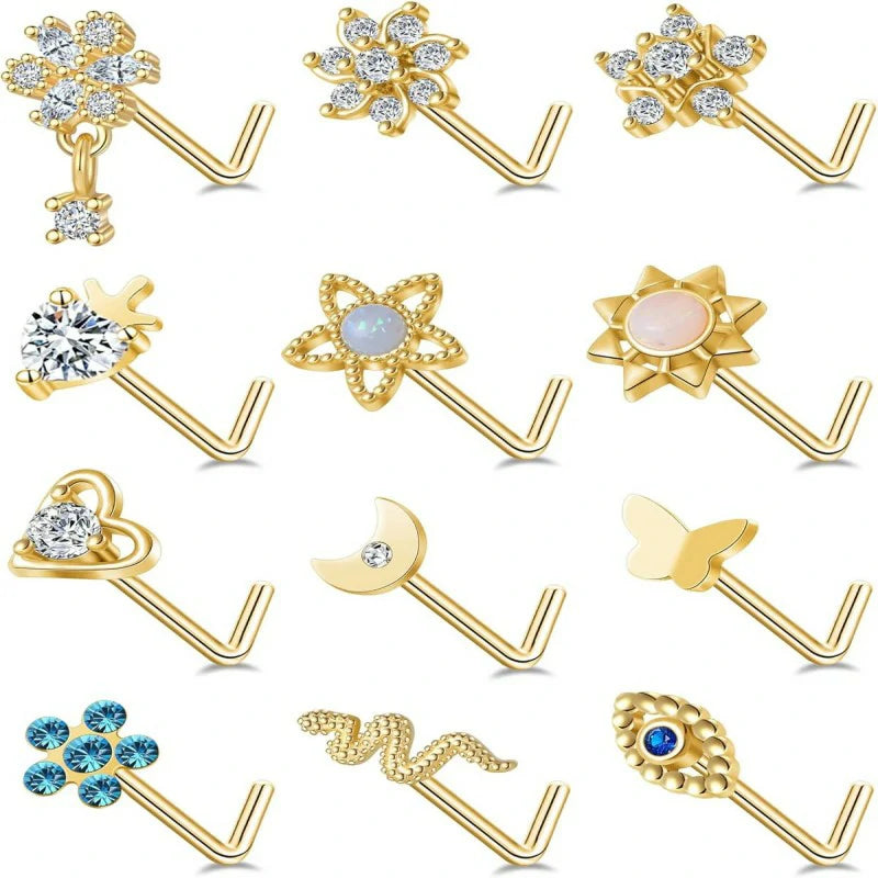 12Pcs Nose Rings Stud L Shape Nose Rings Cubic Zirconia Butterfly Flower Eye Moon