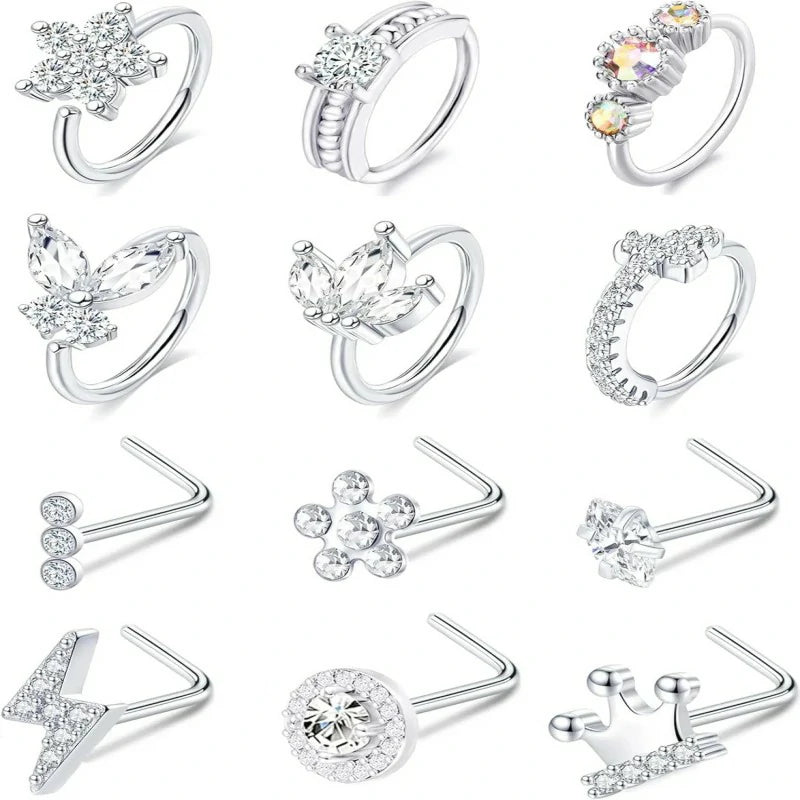 12Pcs Nose Rings Stud L Shape Nose Rings Cubic Zirconia Butterfly Flower Eye Moon
