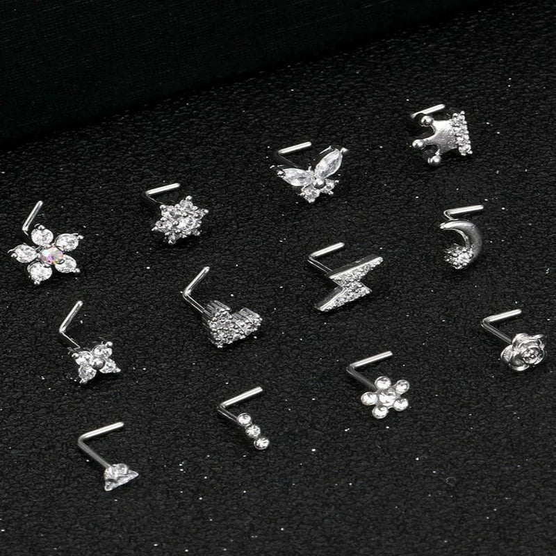 12Pcs Nose Rings Stud L Shape Nose Rings Cubic Zirconia Butterfly Flower Eye Moon