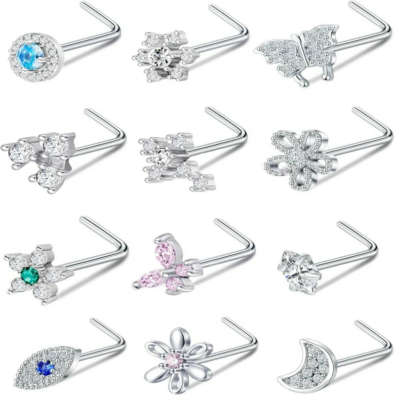 12Pcs Nose Rings Stud L Shape Nose Rings Cubic Zirconia Butterfly Flower Eye Moon
