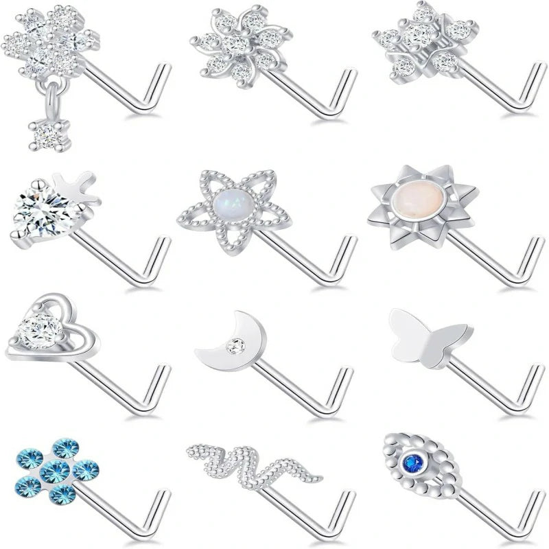 12Pcs Nose Rings Stud L Shape Nose Rings Cubic Zirconia Butterfly Flower Eye Moon