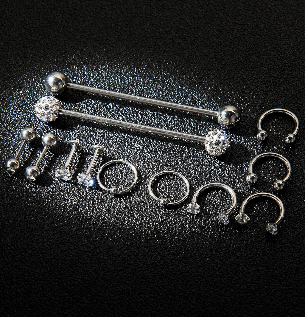 12Pcs Stainless Steel Industrial Barbell Cartilage Piercing Earrings - QIAO CrystalQIAO CrystalQIAO Crystal